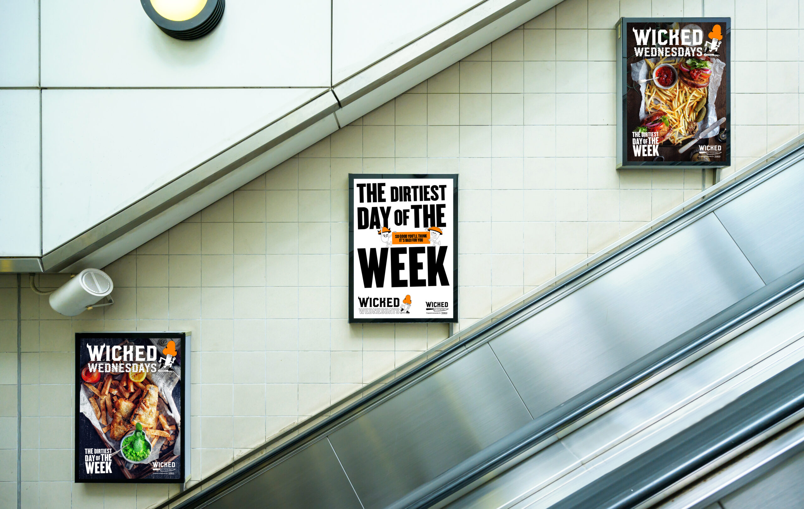 Blank billboard mock up on the wall beside the escalator at the subway station. Advertising concept